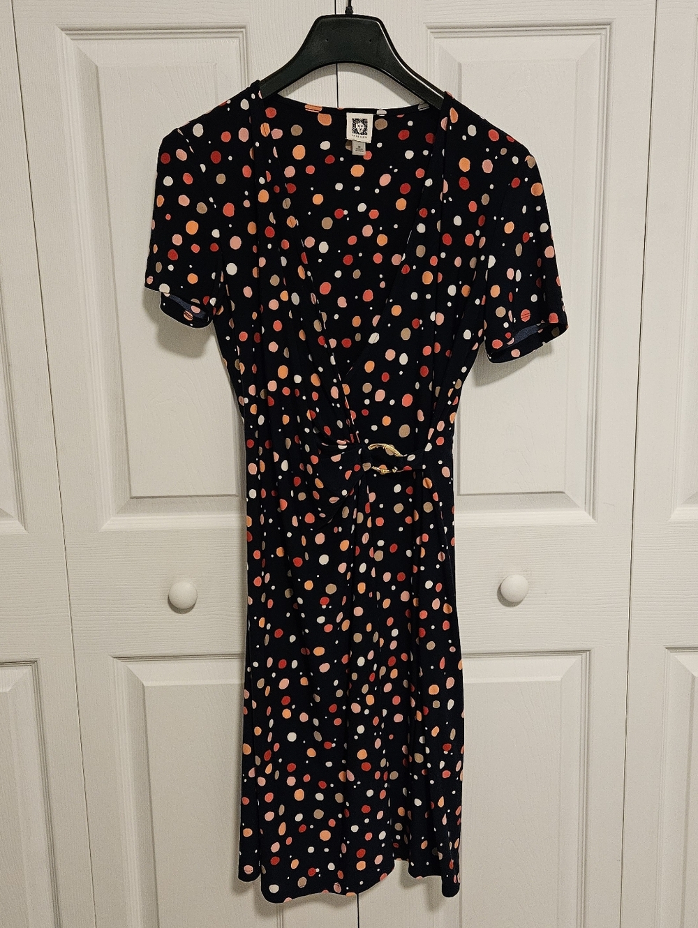Ann Klein Women's Polka Dot Wrap Dress Size M Navy Belted V-Neck Short Sleeve